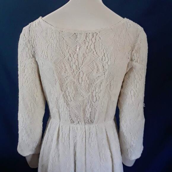 FREE PEOPLE Cream Lace Dress Stretchy Lined SZ S Babydoll Sweetheart Long Sleeve - Picture 5 of 9